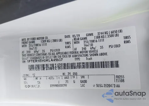 2019 Ford Ranger Xl z USA, uszkodzony, nr VIN 1FTER1EH0KLA45957